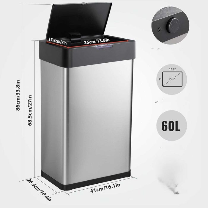 Kosz na śmieci automatyczny 60L bezdotykowy stal nierdzewna z pokrywą
