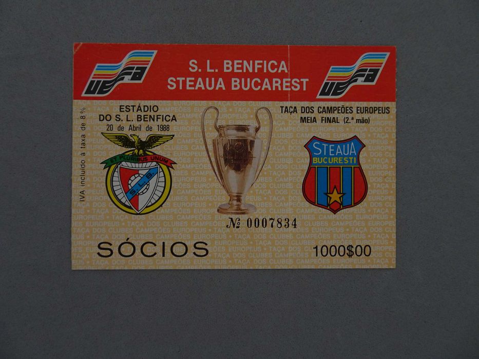 Bilhete futebol Benfica Steaua Bucarest Taça Campeões Europeus  1988