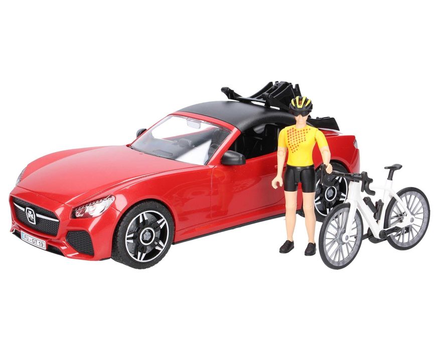 Bruder 03485 Auto Roadster czerwony z figurką i rowerem górskim