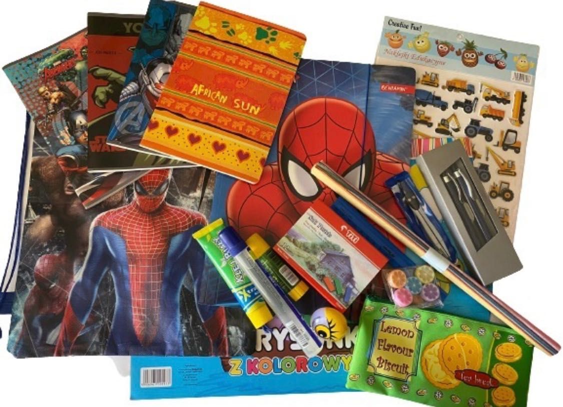 Wyprawka szkolna dla chłopca spiderman zestaw zeszyty pastele klej
