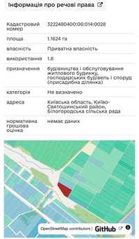 Земельна ділянка під забудову 1,16 га с. Білогородка