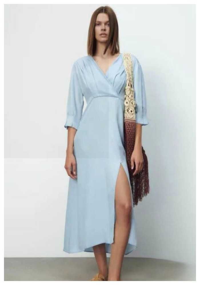 Голубое платье Zara миди с разрезом, р. XS