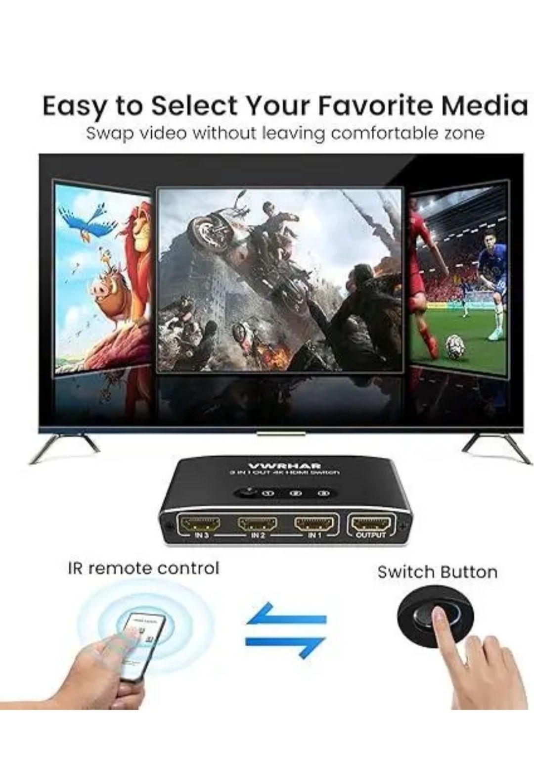 VWRHar HDMI Switch 3 IN 1 OUT Алюмінієвий розгалужувач HDMI з дистанці
