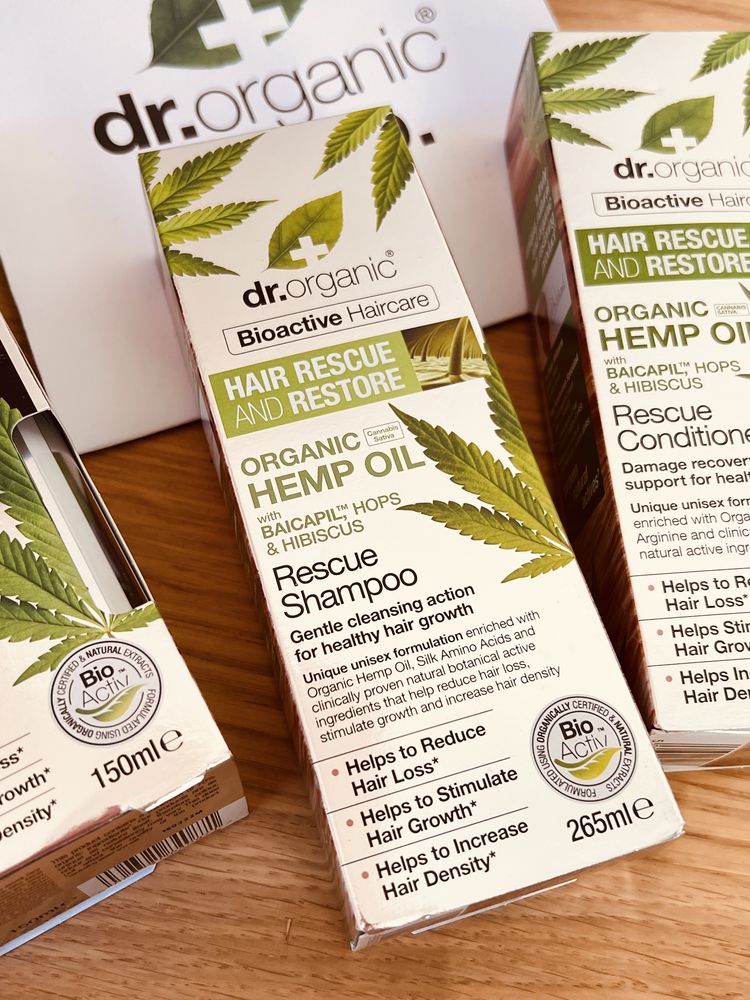 Dr Organic szampon odżywka olejek do włosów z olejem konopnym nowe