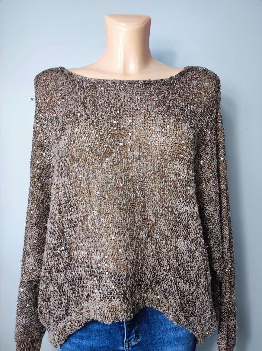 Sweter sweterek oversize brązowy długi rękaw cekiny z cekinami L/XL