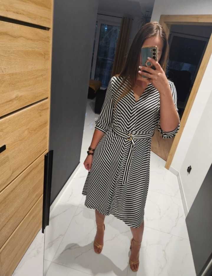 H&M midi elegancka i na cidzien sukienka koszulowa w paski 38