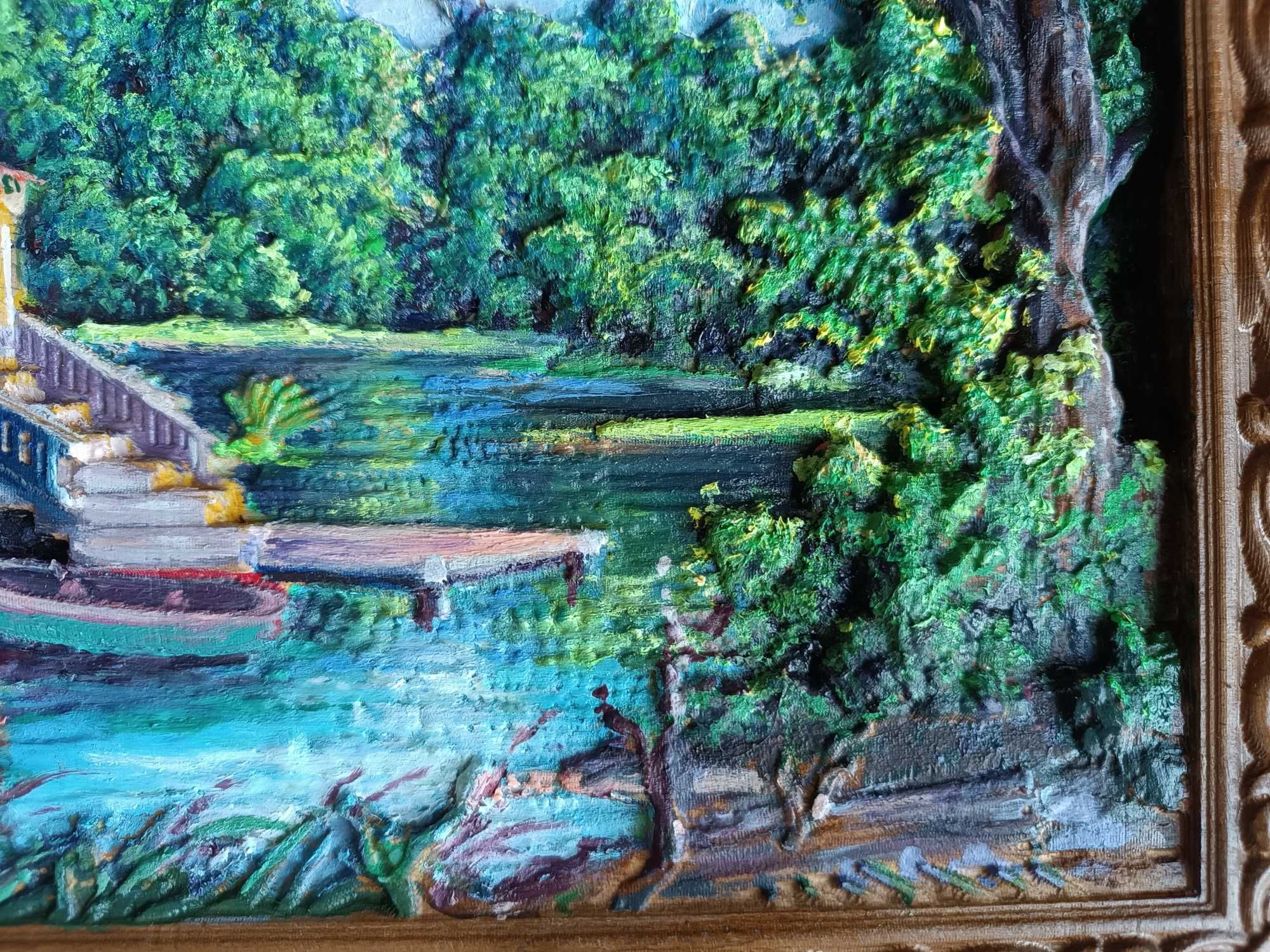 Резная рельефная картина Домик у озера