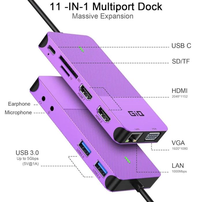 GIQ Док-станція хаб USB Концентратор  USB C 2 HDMI 1 VGA