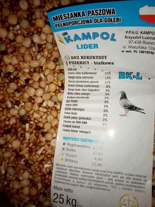 Karma dla gołębi Bez Kukurydzy i Pszenicy Białkowa Lider 25kg Kampol