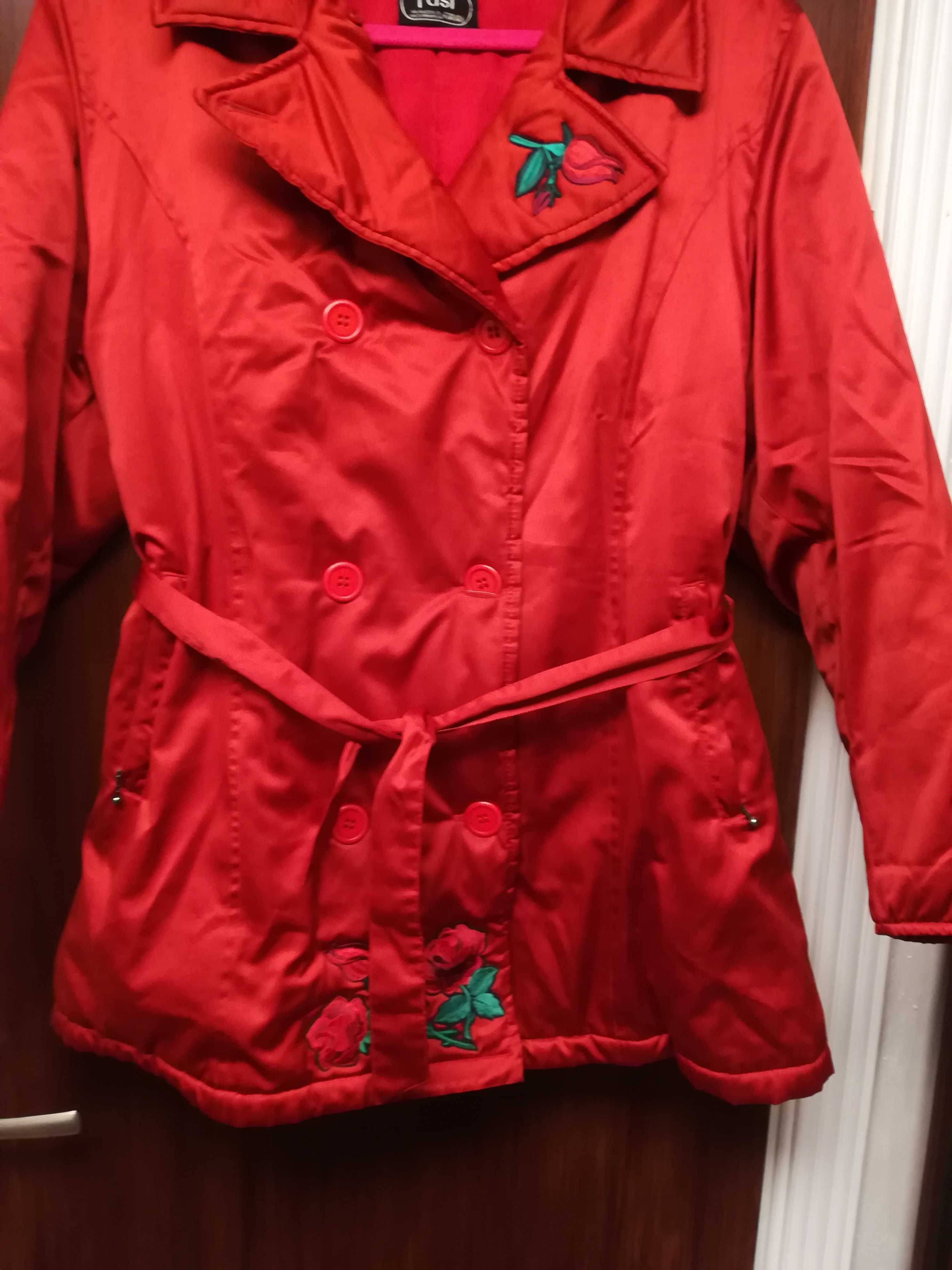 czerwony lekko ocieplany płaszcz/kurta/trencz 44/46 etno boho folk