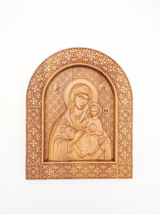 Ikona drewniana bezcieniowego koloru Matki Bożej , rzeżba .