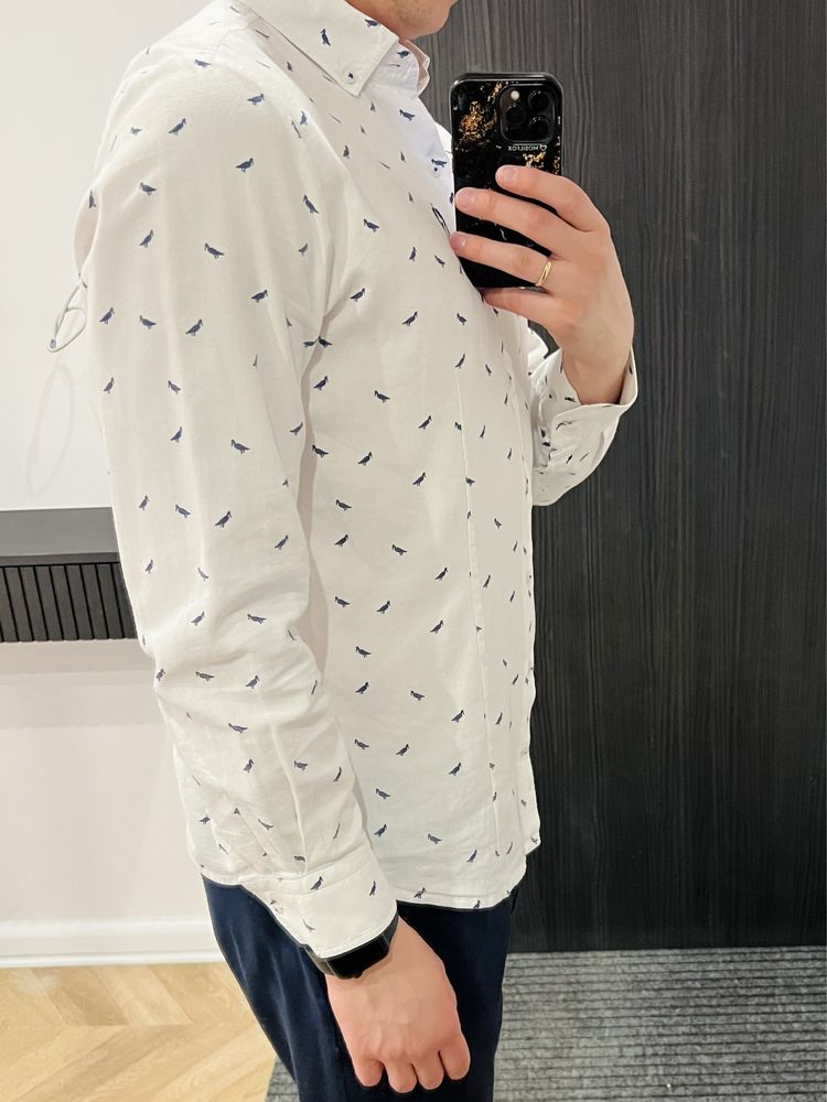 Biała koszula Claudio Campione Slim Fit granatowe wzory, luksus