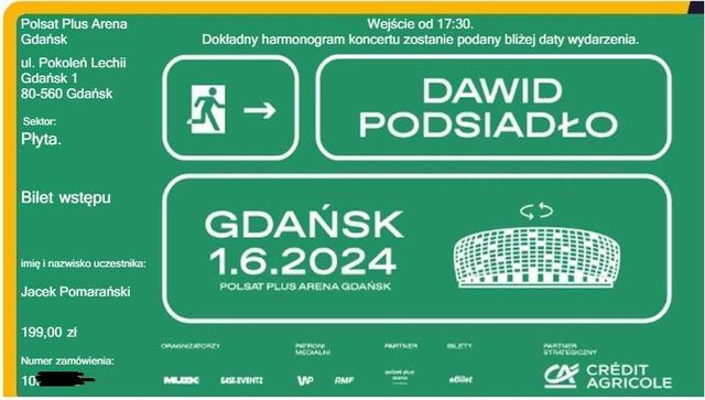 Dawid Podsiadło Gdańsk 01/06 wielka płyta - 3x bilety