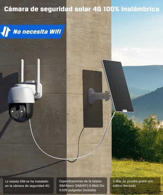Camara de Vigilância Sem WI-FI 2K 360 IP65 Exterior Painel Solar