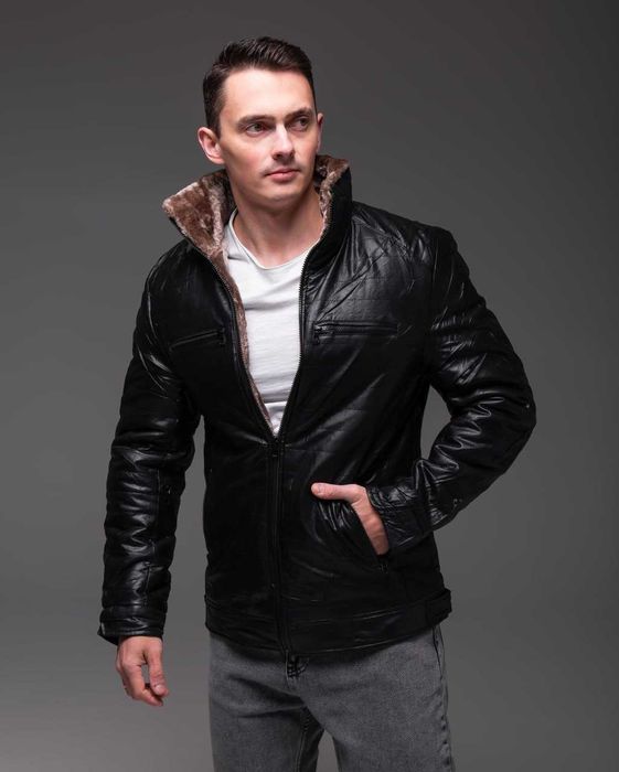 Зимова чоловіча шкіряна куртка на хутрі