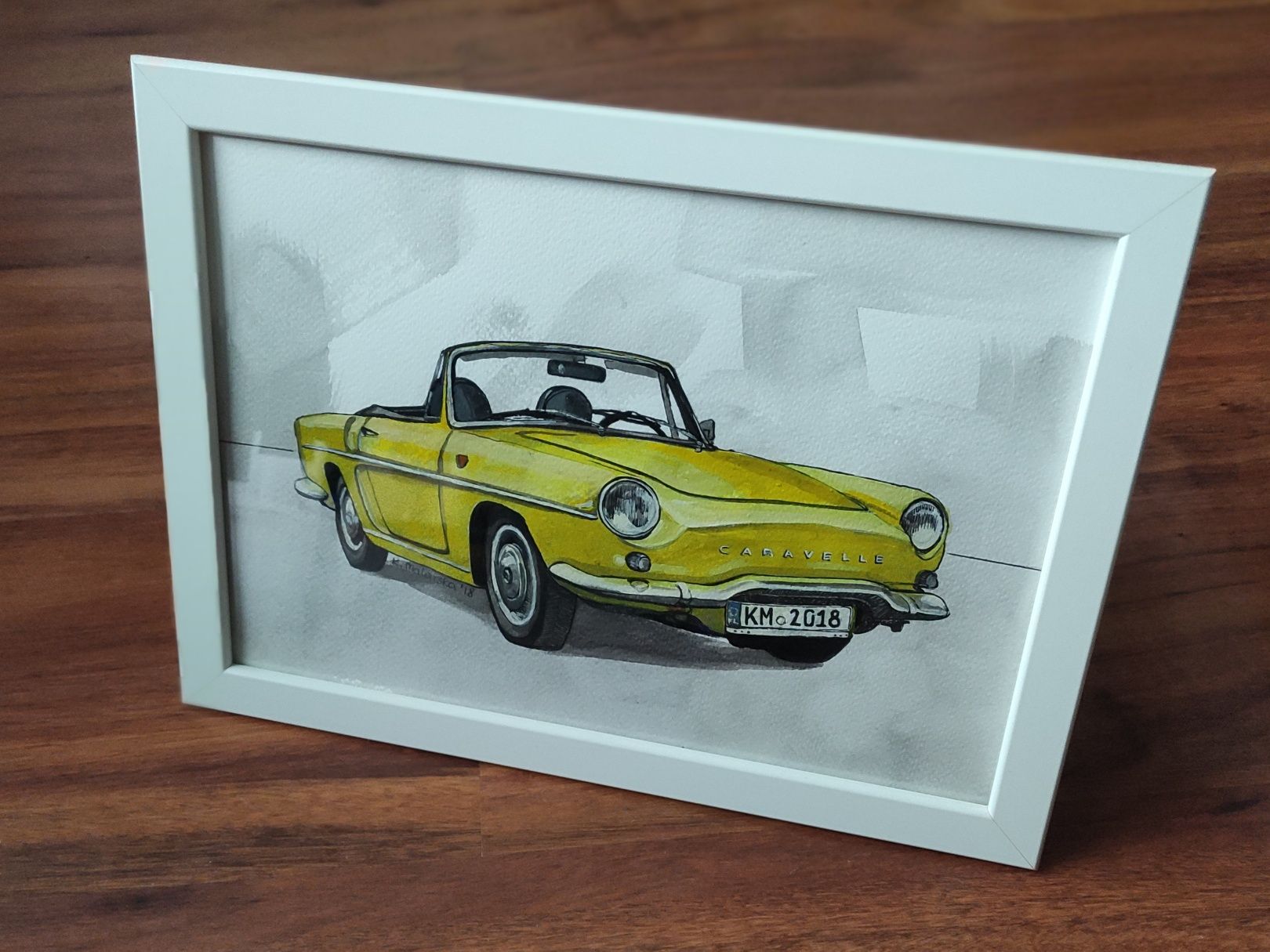 Obraz grafika 21x30cm ręcznie malowany Renault Caravelle oprawiony