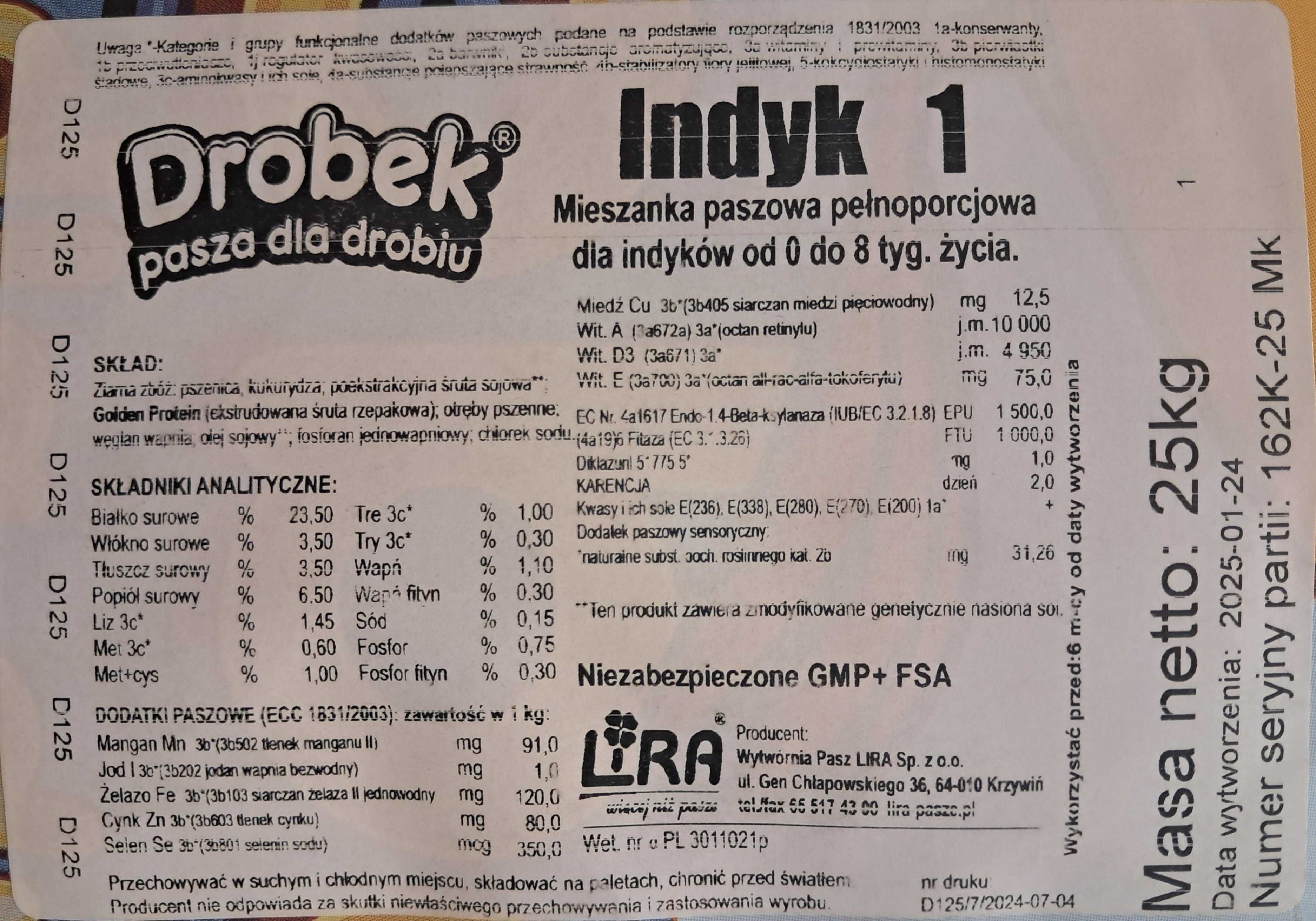 LIRA Pasza INDYK 1 od wyklucia do 8 tyg. kruszonka 25 kg