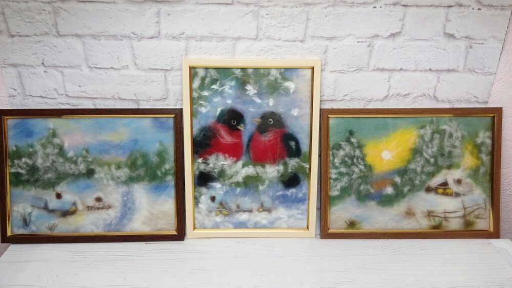 Картина из шерсти. Зимний пейзаж. Подарок на Новый год. Снегири