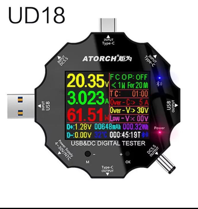 USB Тестер ATORCH UD18, DC: 3,6V-32V, I: 0-5,1A, 0-99999Ah, 0-99999Wh