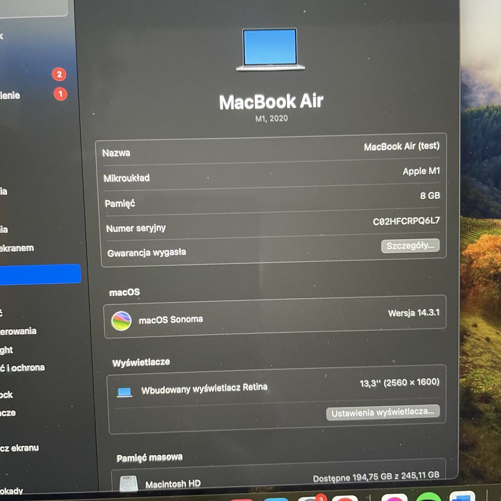 Macbook Air M1 8GB RAM 256GB SSD 13”