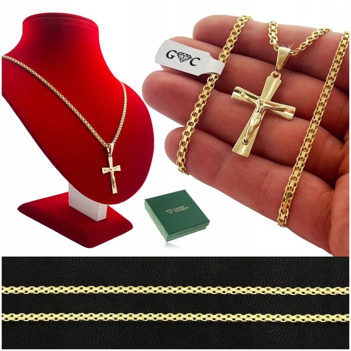 Pozłacany Łańcuszek Męski Bismark + Krzyżyk, Srebro Próba 925/585 + Gr