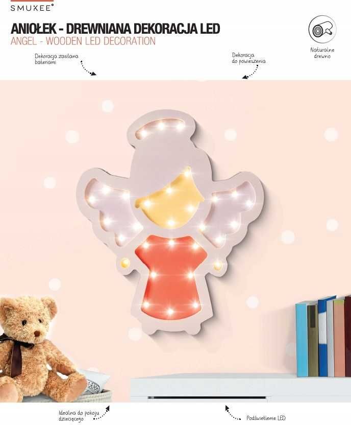 Drewniana Ozdoba Dekoracja świecąca ANIOŁEK lampka LED zestaw 5 szt