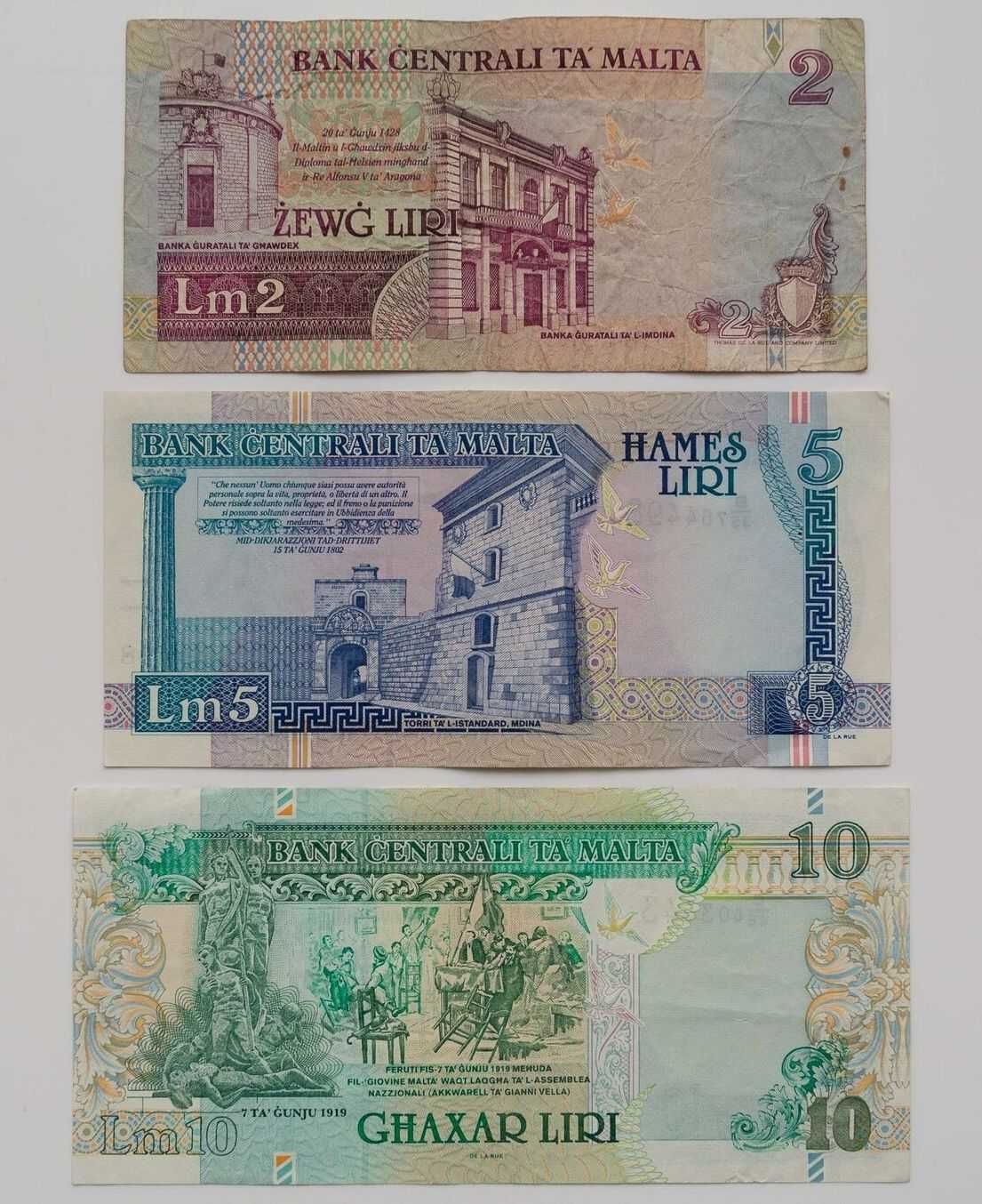 Banknoty Malta 2, 5, 10, lira maltańska, zestaw 3 sztuk