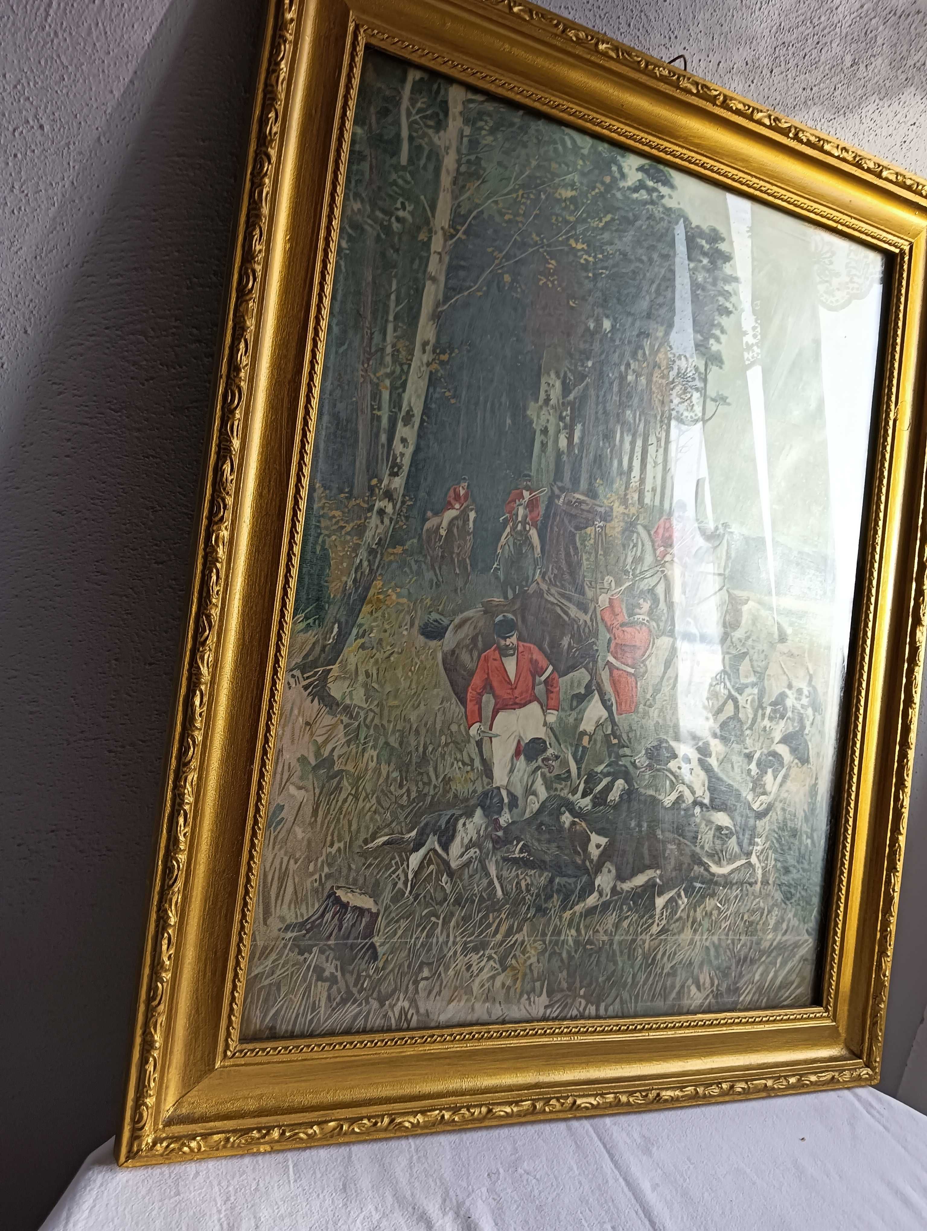 Stary obraz w ramie drewnianej + szkło-motyw myśliwski