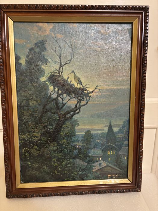 Obraz olejny – nocny pejzaż z bocianami, sygnowany – 58 × 41 cm