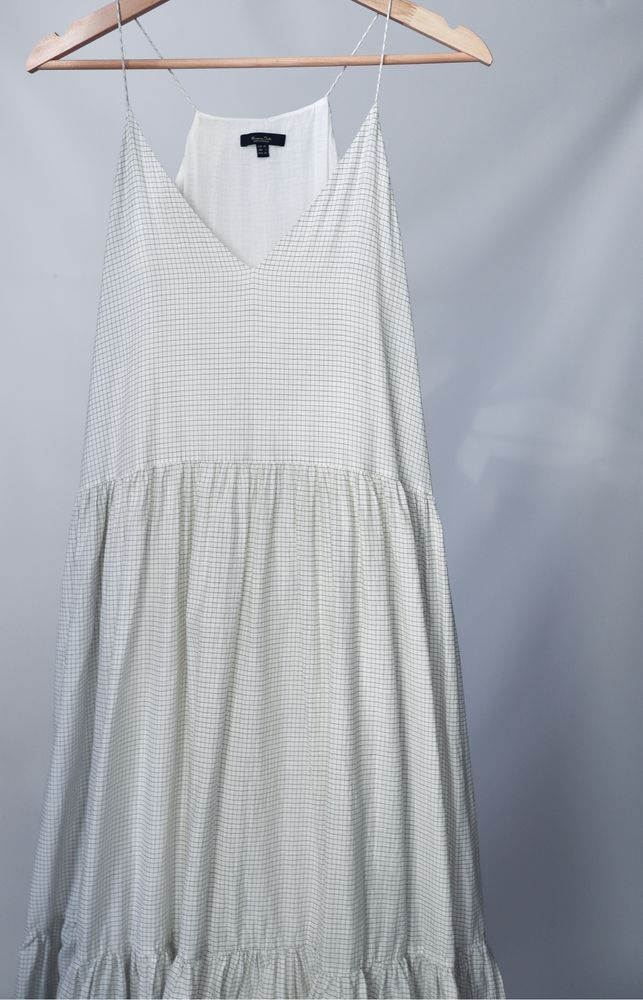 Massimo Dutti Śmietankowa sukienka w drobną kratkę bawelna jedwab