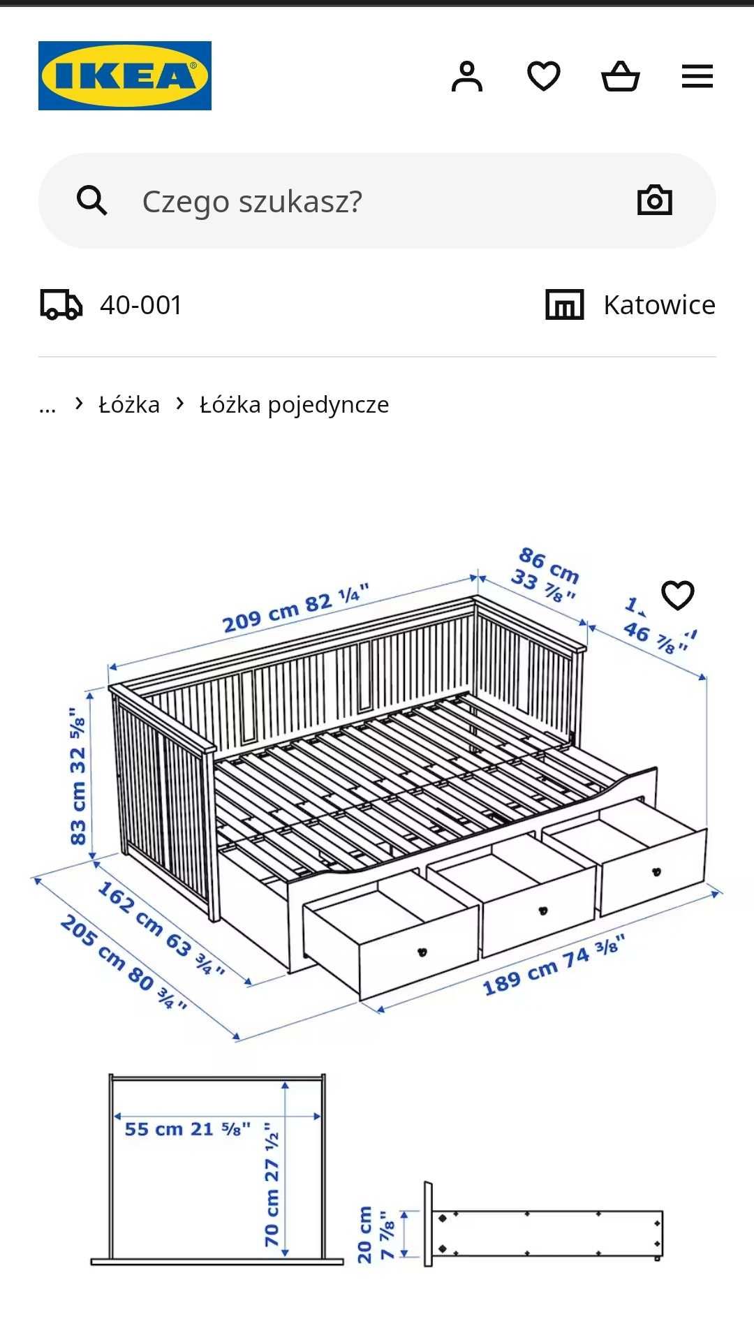 HEMNES
Łóżko szare z 3 szufladami, 2 materace,80x200 cm