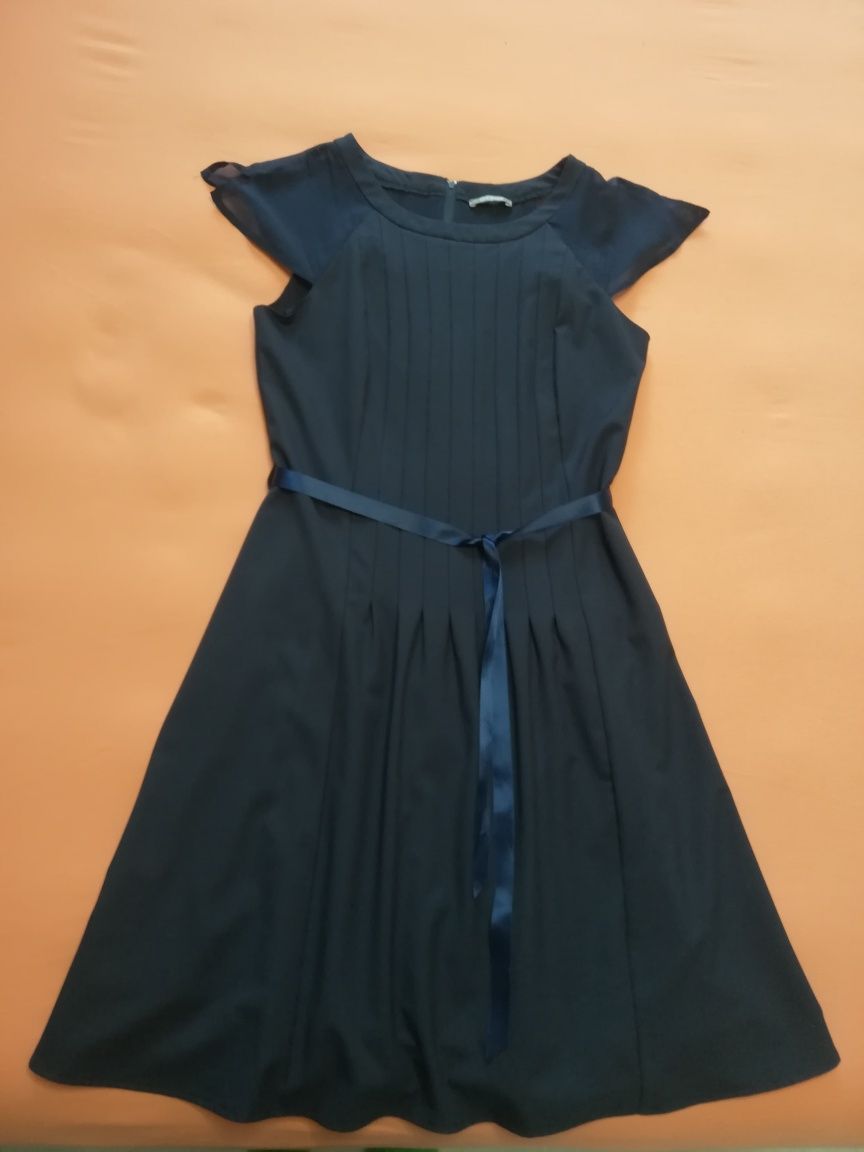 Granatowa sukienka Orsay pin up ozdobne rękawki szarfa w pasie rozm M