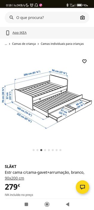 Cama com Cama de gaveta e 2 gavetas de arrumação
