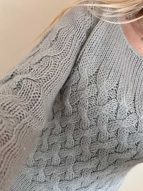 Sweter szary H&M S 36 22% moher srebrna nitka ciepły moherowy moherem