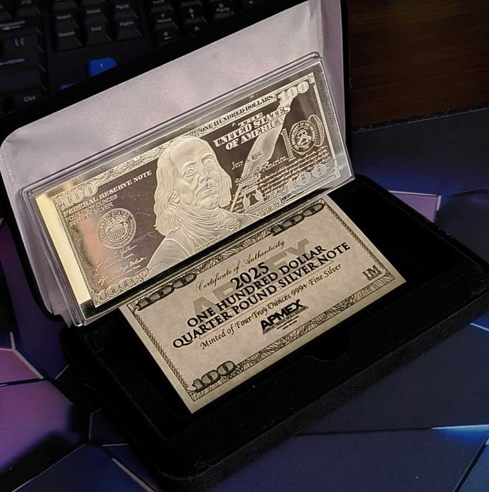 Срібна банкнота 100доларів 2025 року (повний комплект) 4 унції срібла.