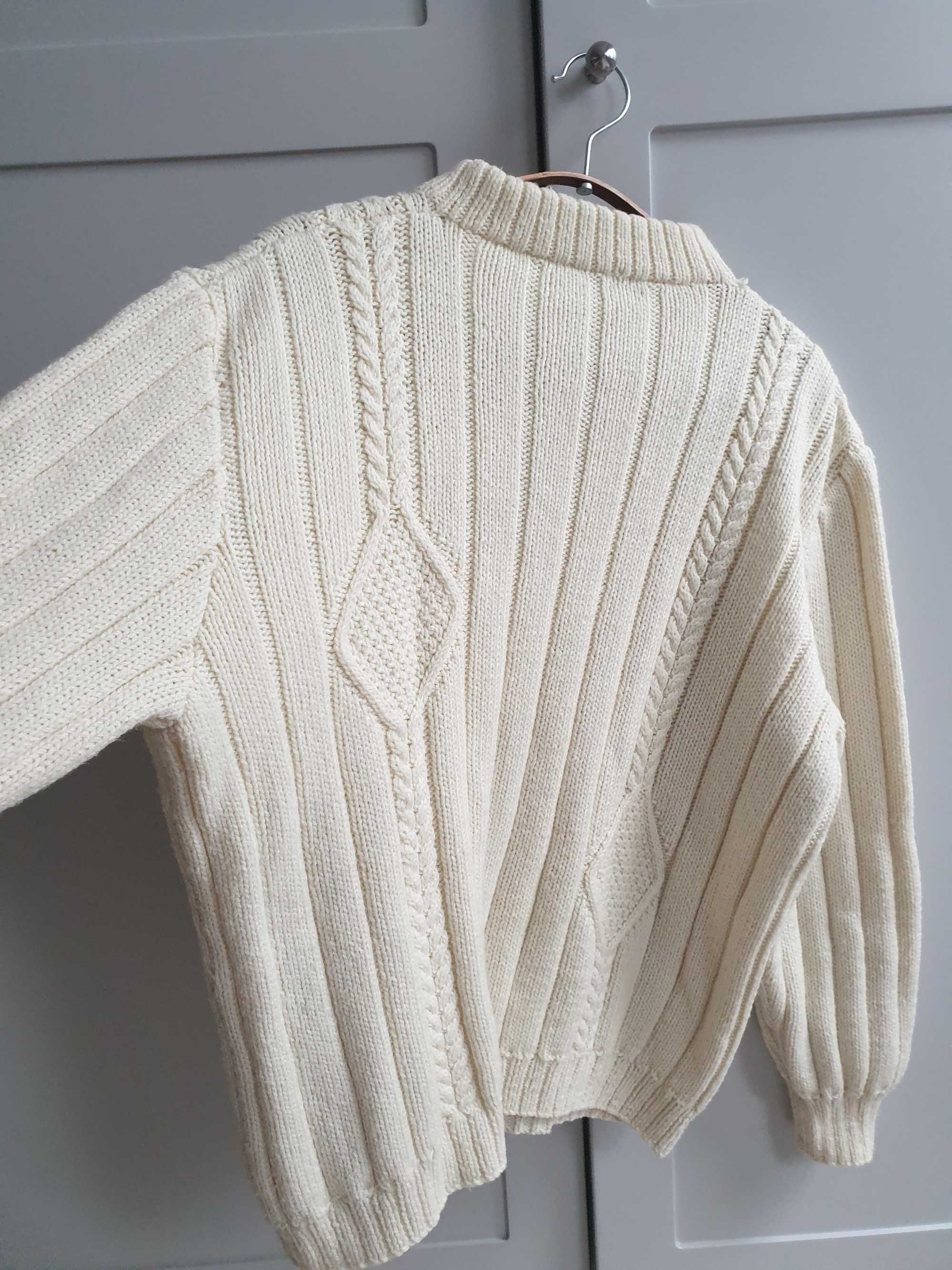 Biały kremowy ręcznie robiony sweter handmade z warkoczem 40 42