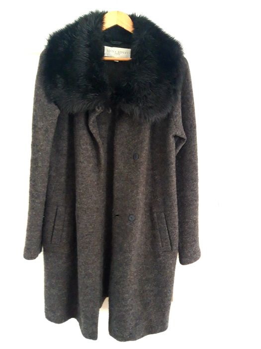 EDINA RONAY wełniany płaszcz/ kardigan z futrem rozm. M