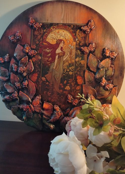 Ręcznie wykonany obraz na desce, panel dekoracyjny z ceramiką