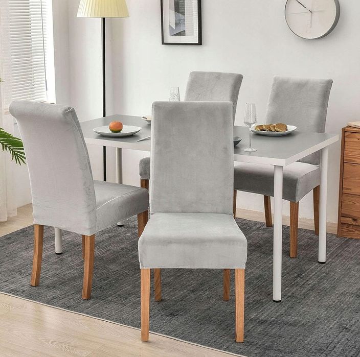 Zestaw 6 szt. pokrowce na krzesło szary welur elastyczny
