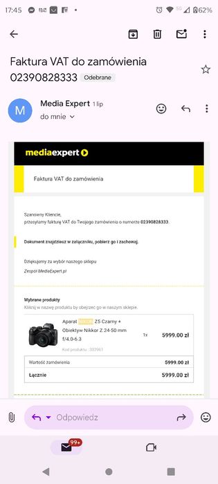 Nikon z 5, kupiony 1lipiec 2024,zrobione 2tys zdjęć plus obiektyw,gwar