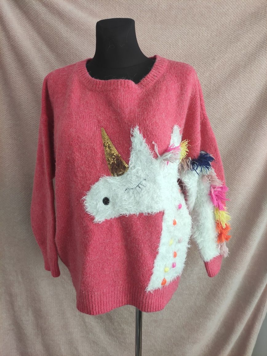 Sweter damski oversize swetr różowy jednorożec unicorn Next L 44 46