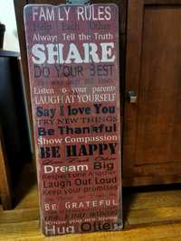 Family rules, obraz na drewnie, tablica motywacyjna, pozytywne cytaty