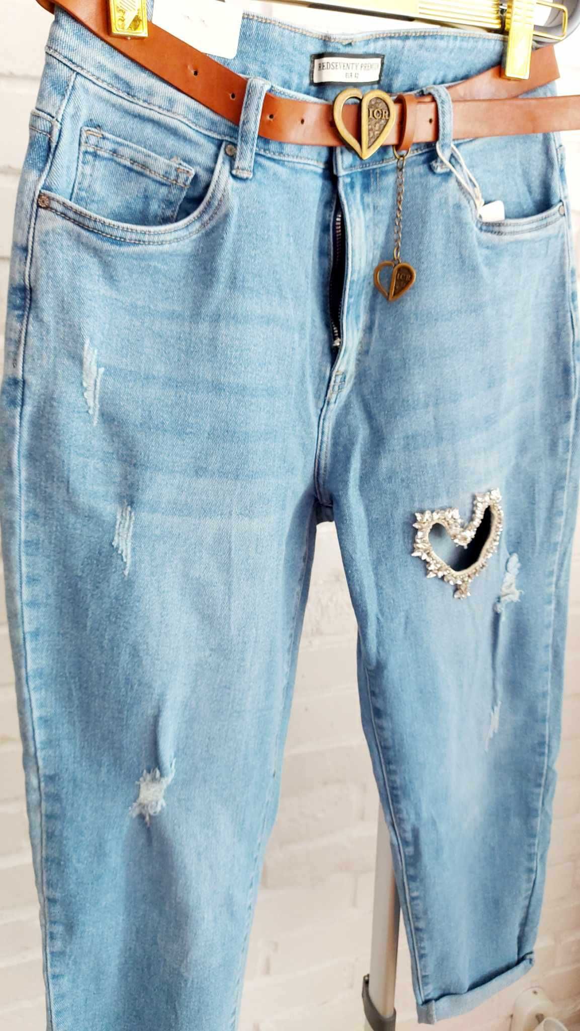 SPODNIE JEANSY Boyfriend Serce Kryształki Cyrkonie M L XL 2XL 3XL