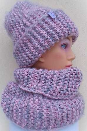 cieplutki komplet  czapka i komin - tuba  pudrowo - szary