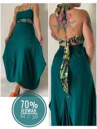 Suknia sukienka jedwab khaki butelkowa zieleń M 38