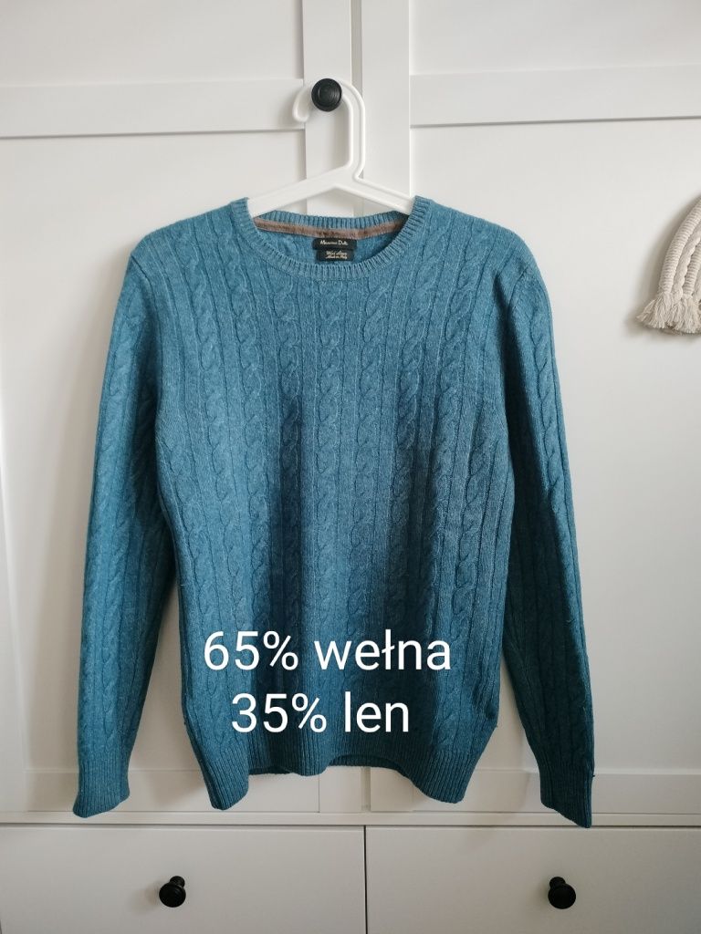 Niebieski turkusowy sweter wełna len massimo dutti M 38 granatowy