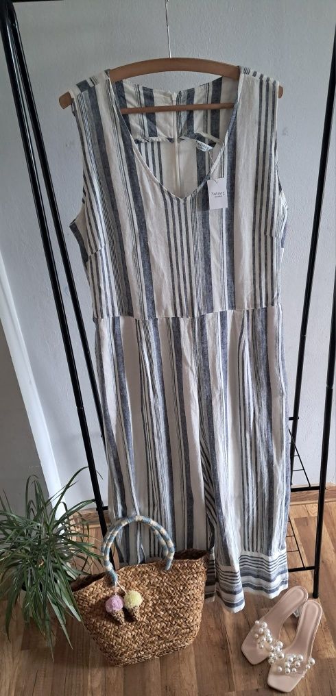 Kombinezon lniany kremowy w paski XXL plus size kuloty len wiskoza 46