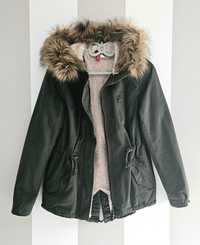 Parka ocieplana khaki H&M futerko kurtka zimowa oversize