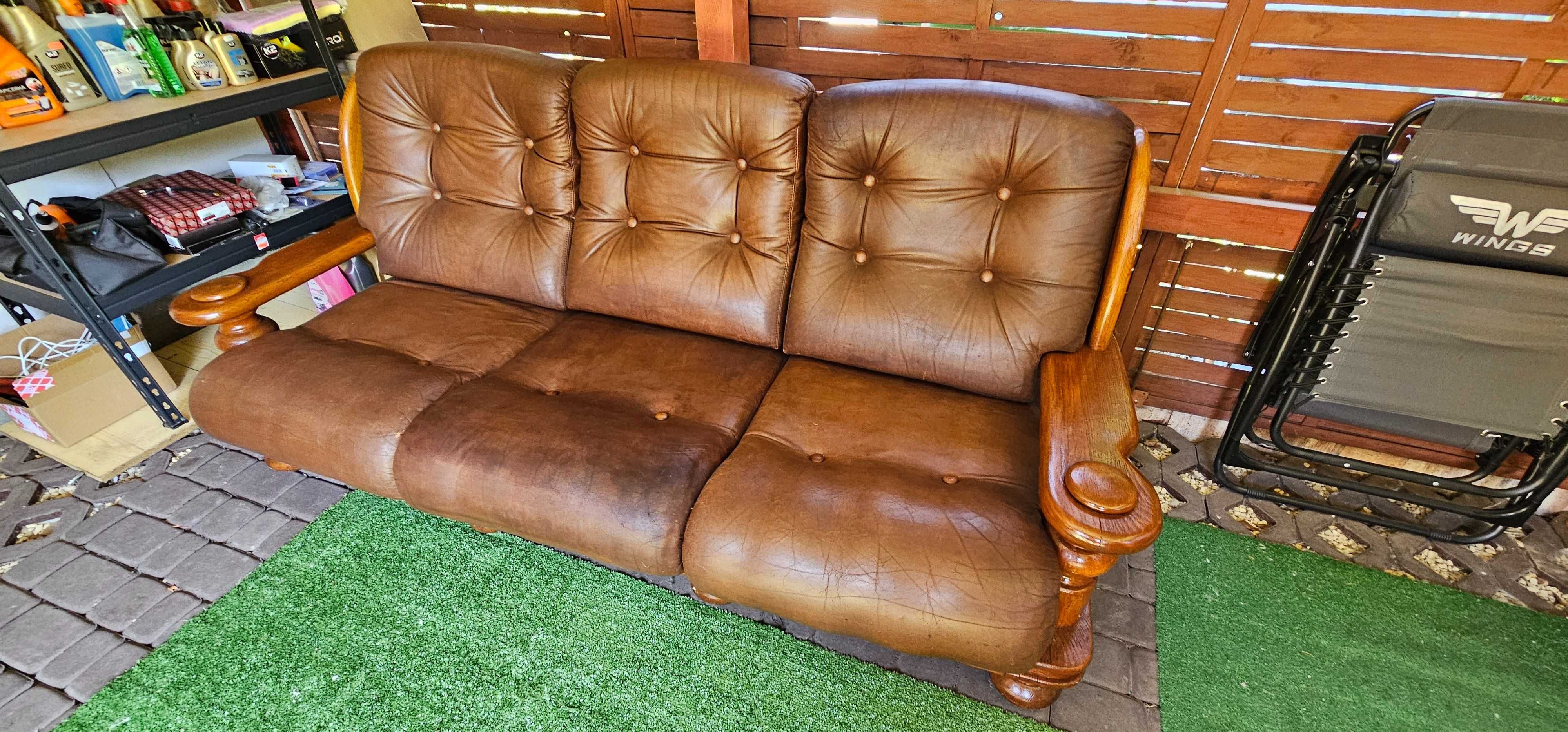Sofa kanapa skorzana drewno 100% prawdziwa skóra