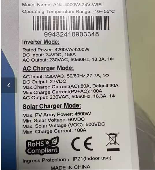 Anenji Falownik 4.2KW 24V Hybrid Solar Inverter On Grid+Off Grid
